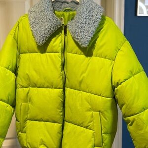 Lime Green Puffer Jacket with Sherpa Collar NWOT
